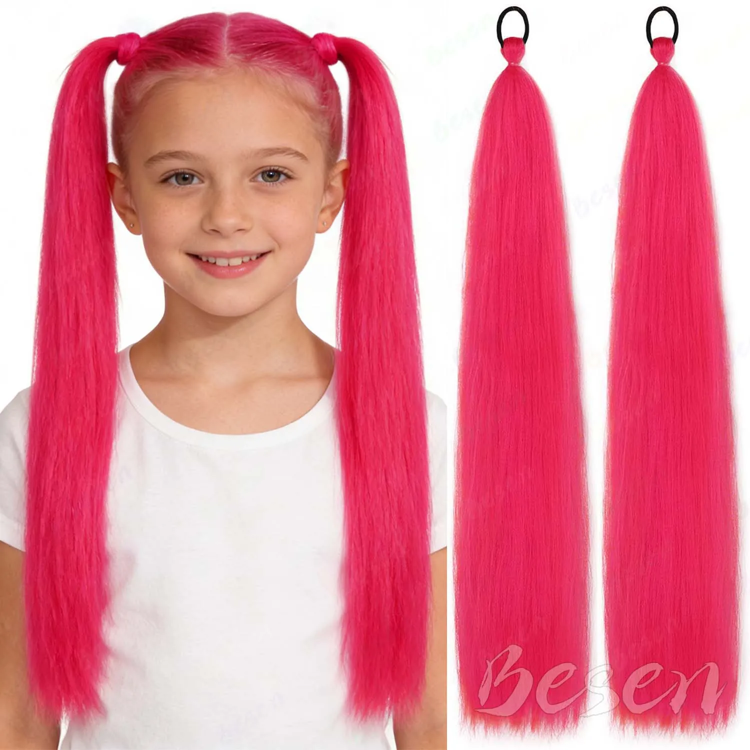 Coda di cavallo sintetica 2 pezzi 26 rosa caldo per ragazze bambini donne, coda di cavallo intrecciata lunga dritta colorata, coda di cavallo multicolore