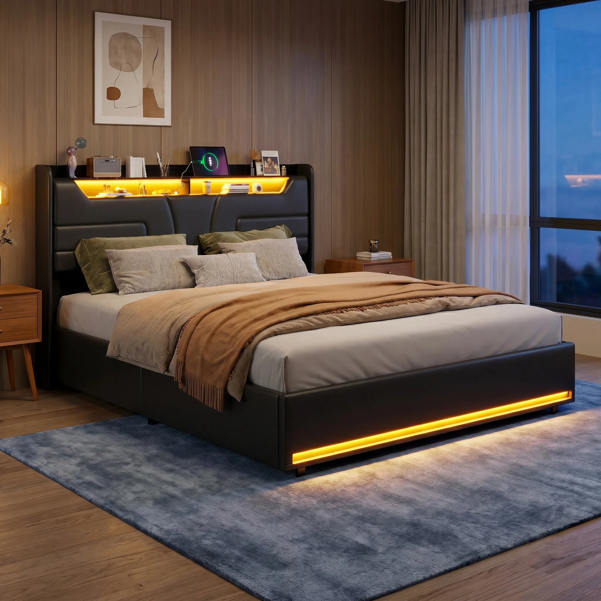 Comanlai Cama Tapizada en PU Negro de 160x200cm con Iluminación LED, Puerto de Carga USB Integrado, Almacenamiento con Elevación a Presión de Gas, Cama de Plataforma Moderna de Terciopelo, Muebles de Dormitorio Contemporáneos, Almacenamiento que Ahorra Espacio, Elegante Cama Doble