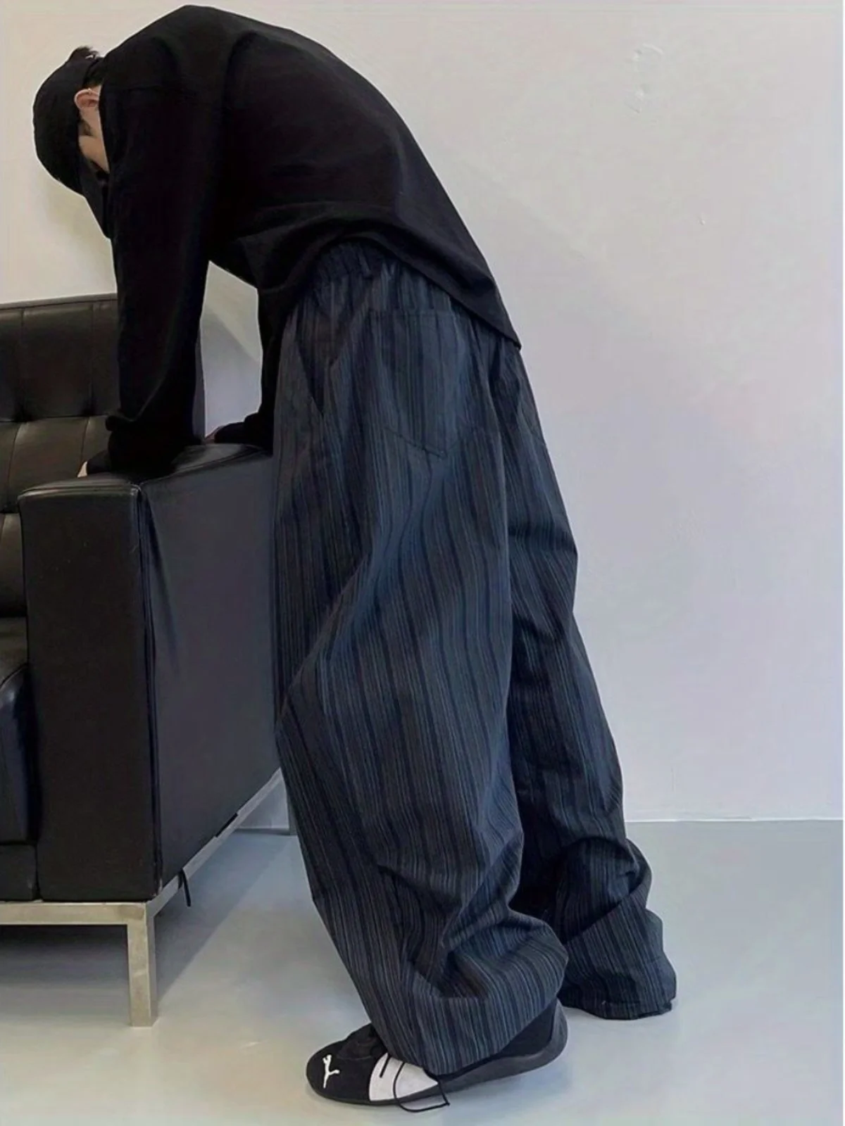 

Retro Japanese Sle Wide Leg Pants Men's Casual Trousers with Belt Bule Design Vertical Stripes Can Be Cuffed to the und