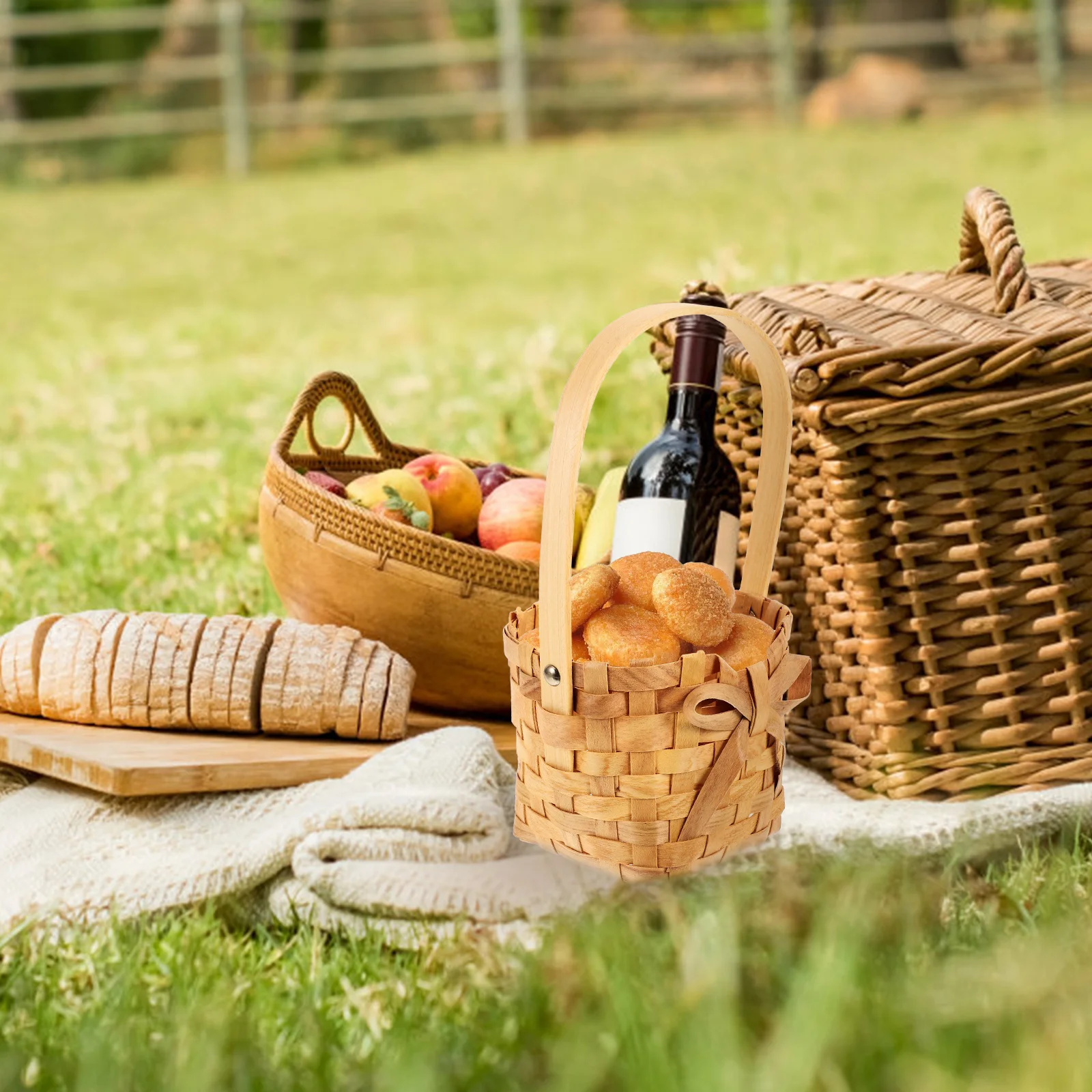 

Woven Basket Bamboo Storage Picnic Flower Fruit Round Small Handle Durable Strong Sunlight ResistantVintage Rustic Gardening