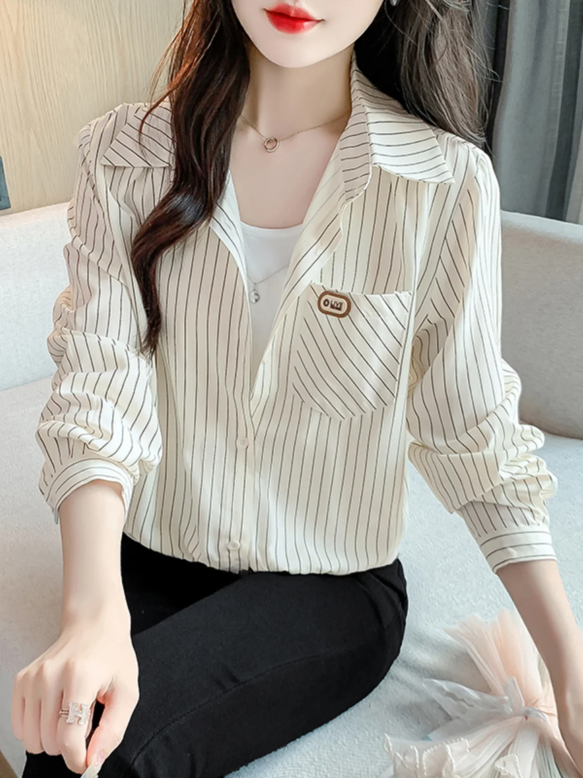 

Женская блузка с длинным рукавом в полоску, прямого кроя, из полиэфирного волокна, весна-осень-зима 2026, новая коллекция