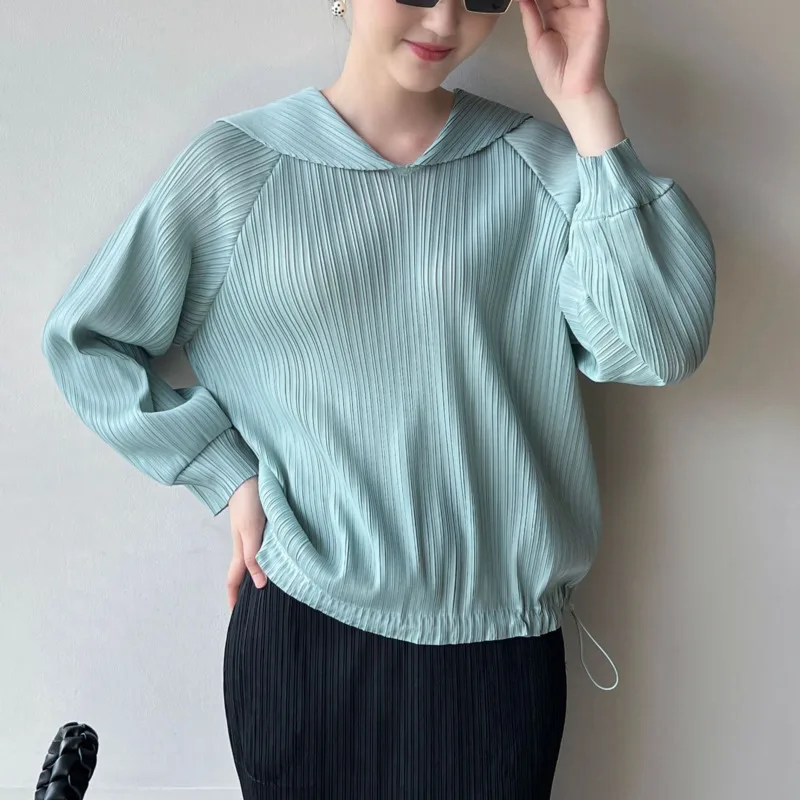 

Женская плиссированная толстовка с капюшоном, повседневная свободная блузка с длинными рукавами для повседневной офисной одежды, модный дизайн с рукавами реглан, женская одежда