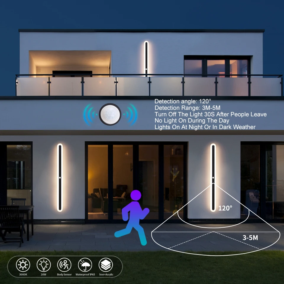 Outdoor Wall Light With Motion Sensor 90v 240v IP65 Waterproof Porch Lamp LED Long Garden Lamp for Villa Garage Lighting Fixture