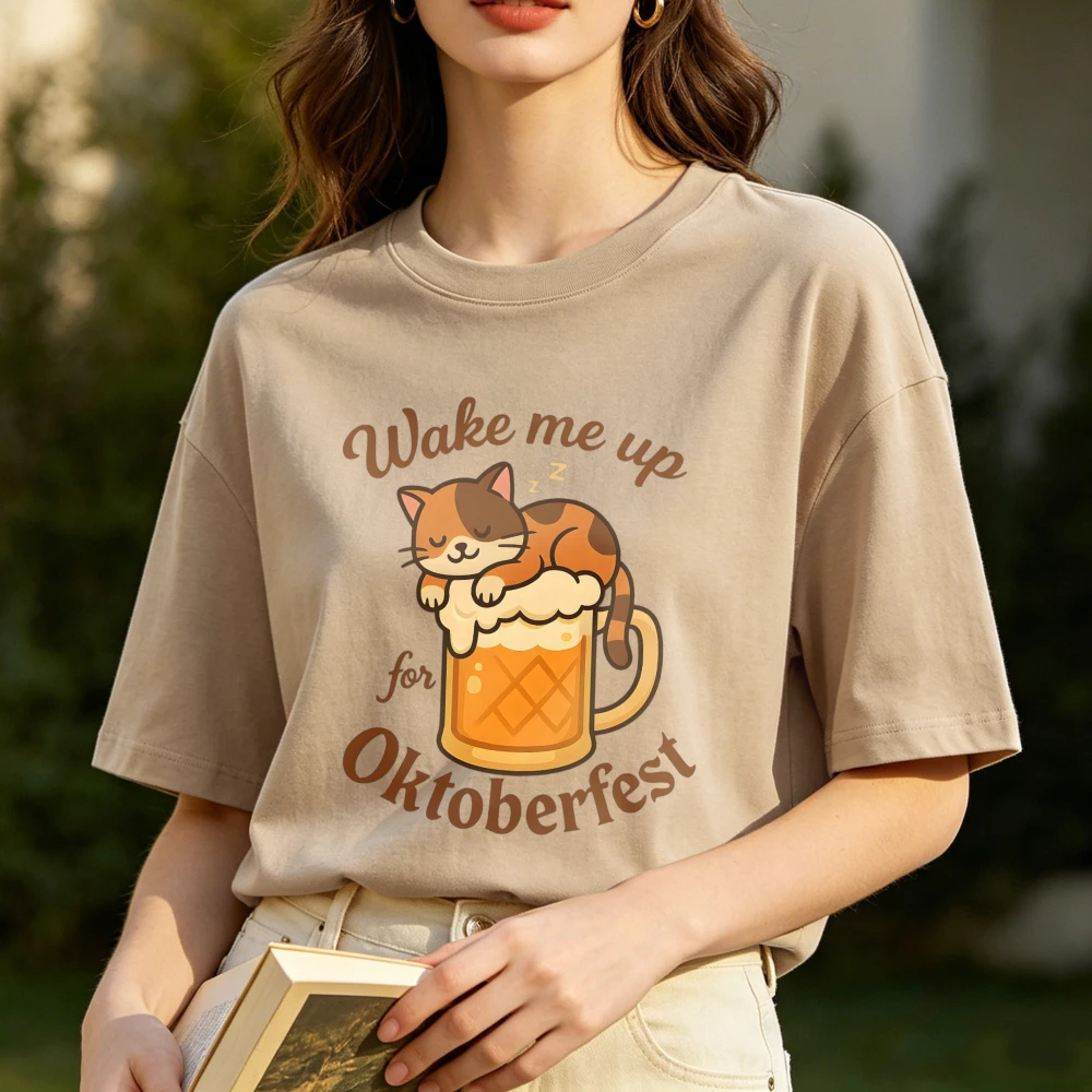 Wake Me Up for Oktoberfest Printing Tee Funny Oktoberfest Shirt Beer Lover Gift Oktoberfest Drinking Shirt Cat Lover Cotton Tees