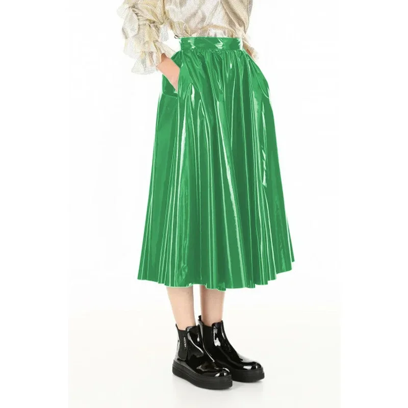 Elegant wetlook PVC leather high waist midi skirts A-line skirt swing skater skirt with side pocket fashion casual streetwear