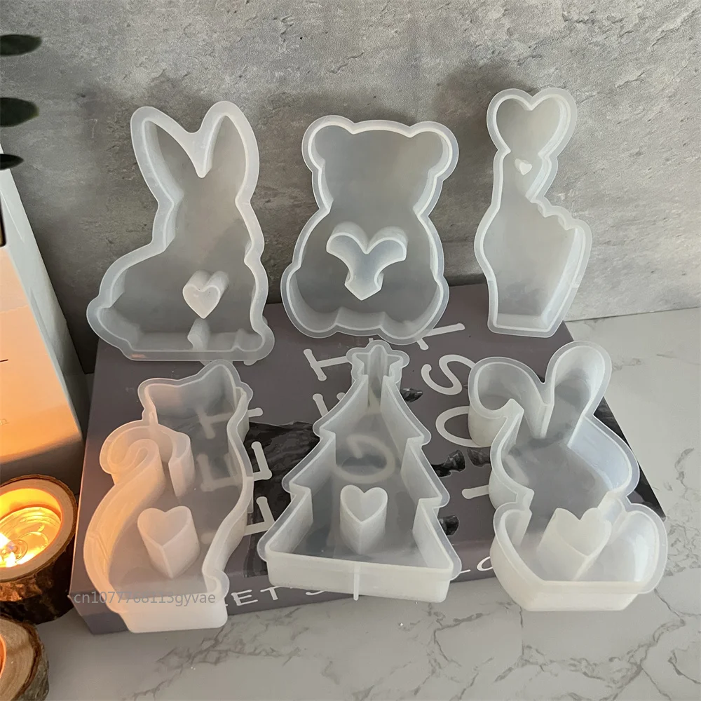 Christmas Tree Candle Holder Silicone Mold Ornaments Bear/rabbit/cat Candlestick Concrete Mould DIY Aromatherapy Gypsum Mould