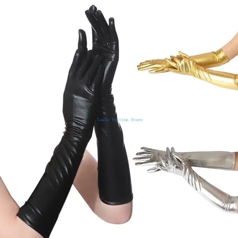 L5yb Gants longs métalliques pour le dîner Robe Gants Gants Couleur solide Élastique Christmas Halloween Femmes
