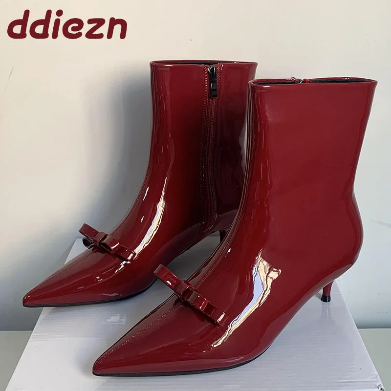 

Red Footwear With Low Heel Shoes Women Ankle Boots Fashion Butterfly-Knot Party Ladies Short Modern Boots Female Zippers Shoes