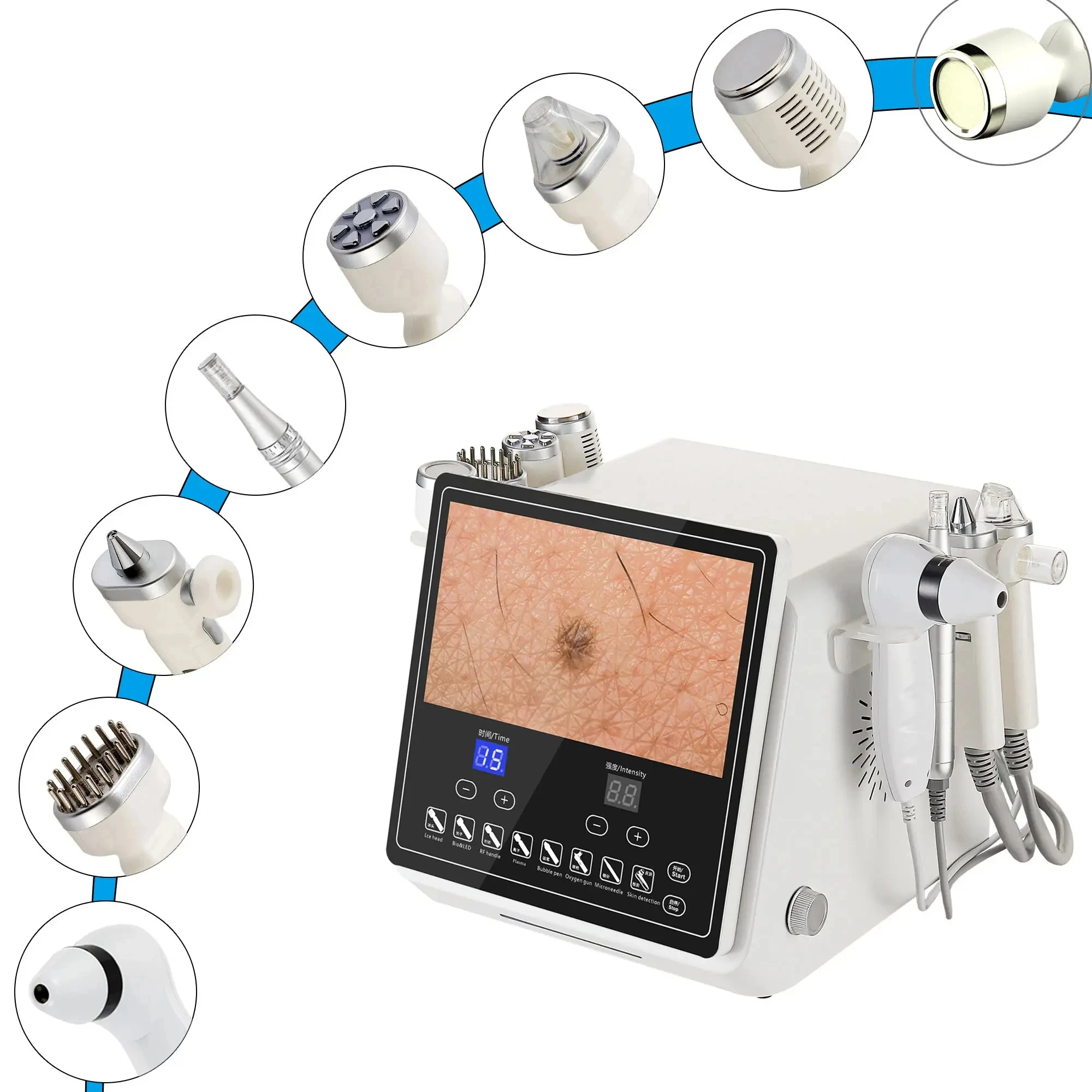 

2024 8 in 1 Multifunctional Hydra Dermabrasion Facial Beauty Machine RF Oxygen Spray Microneedle Skin Detector LED