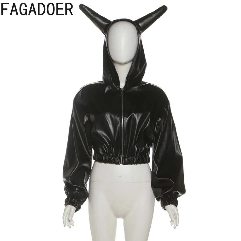 FAGADOER Sexy Leather Patchwork Jacket Women Solid Color Long Sleeve Zipper Hooded Jacket Female Streetwear Clothing Autumn New