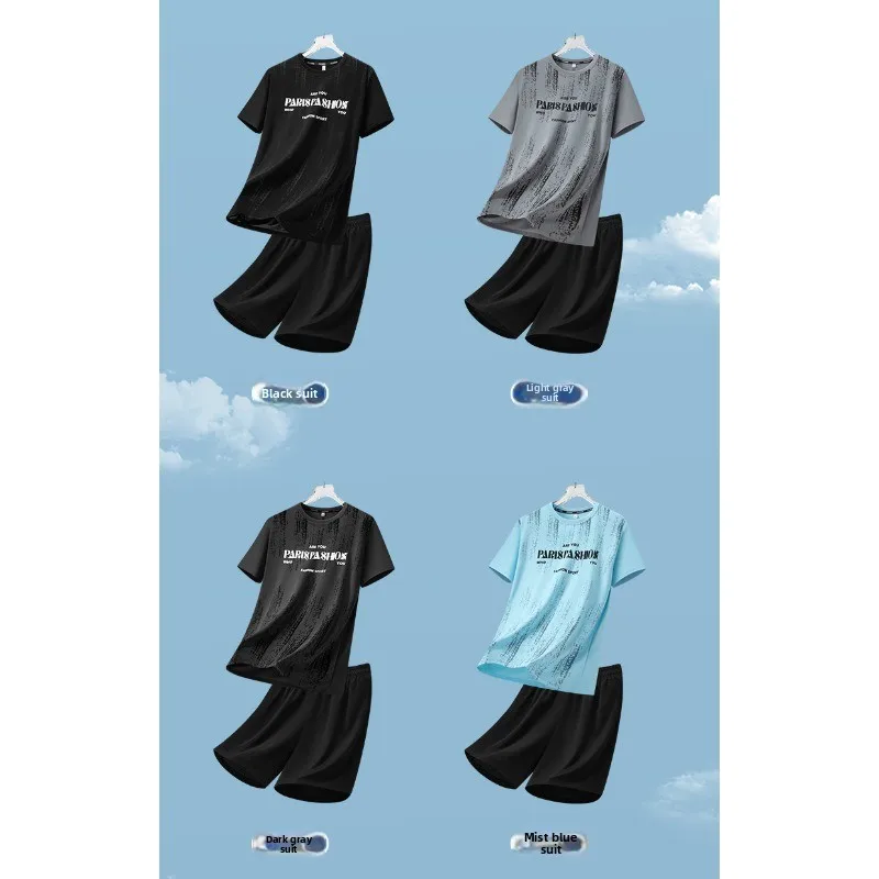 Summer Men Outdoor Sports Breathable Sweat Absorbing Quick Drying Set Fashionable Trendy Printed Short Sleeved Tshirt Shorts Set