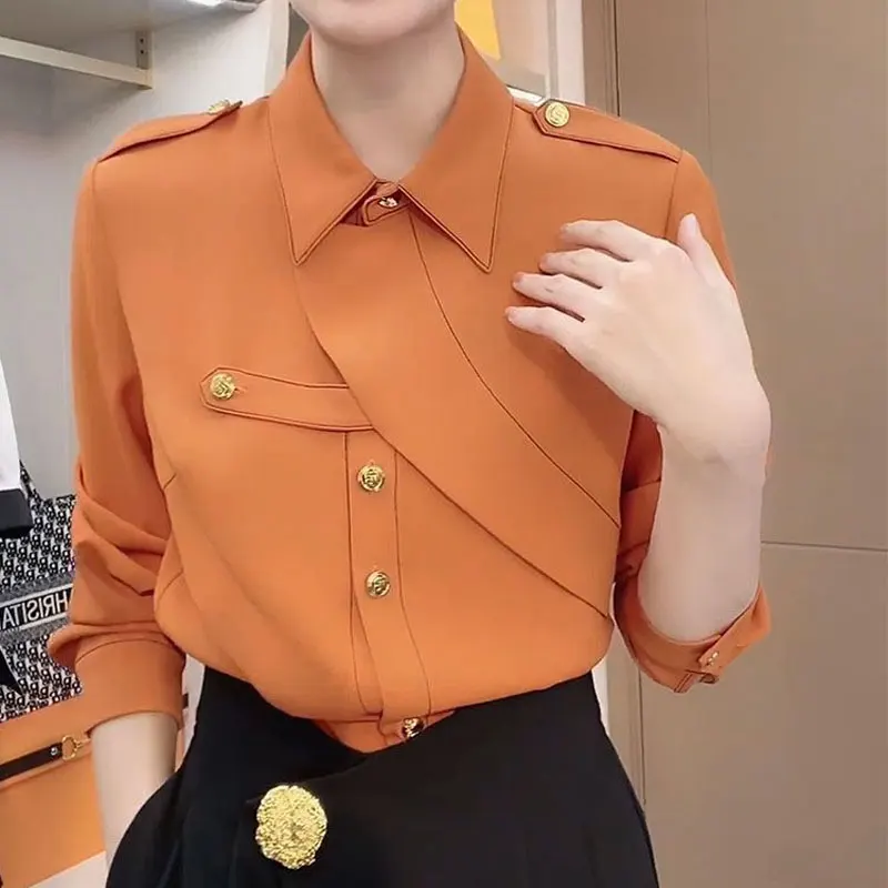 Commute Solid Color Stylish Asymmetrical Shirt Female Clothing Spliced Chic Single-breasted Spring Autumn Polo-Neck Loose Blouse