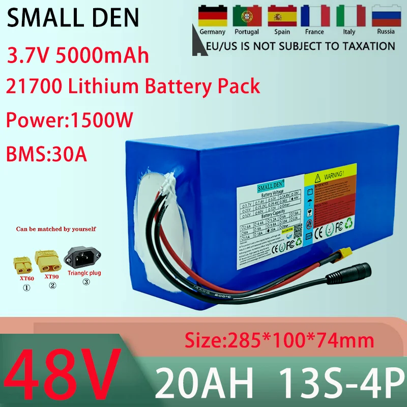 New 48V 20AH 13S4P 21700 lithium battery pack With 30A BMS 100-1500W high-power rechargeable battery+54.6V 5A charger