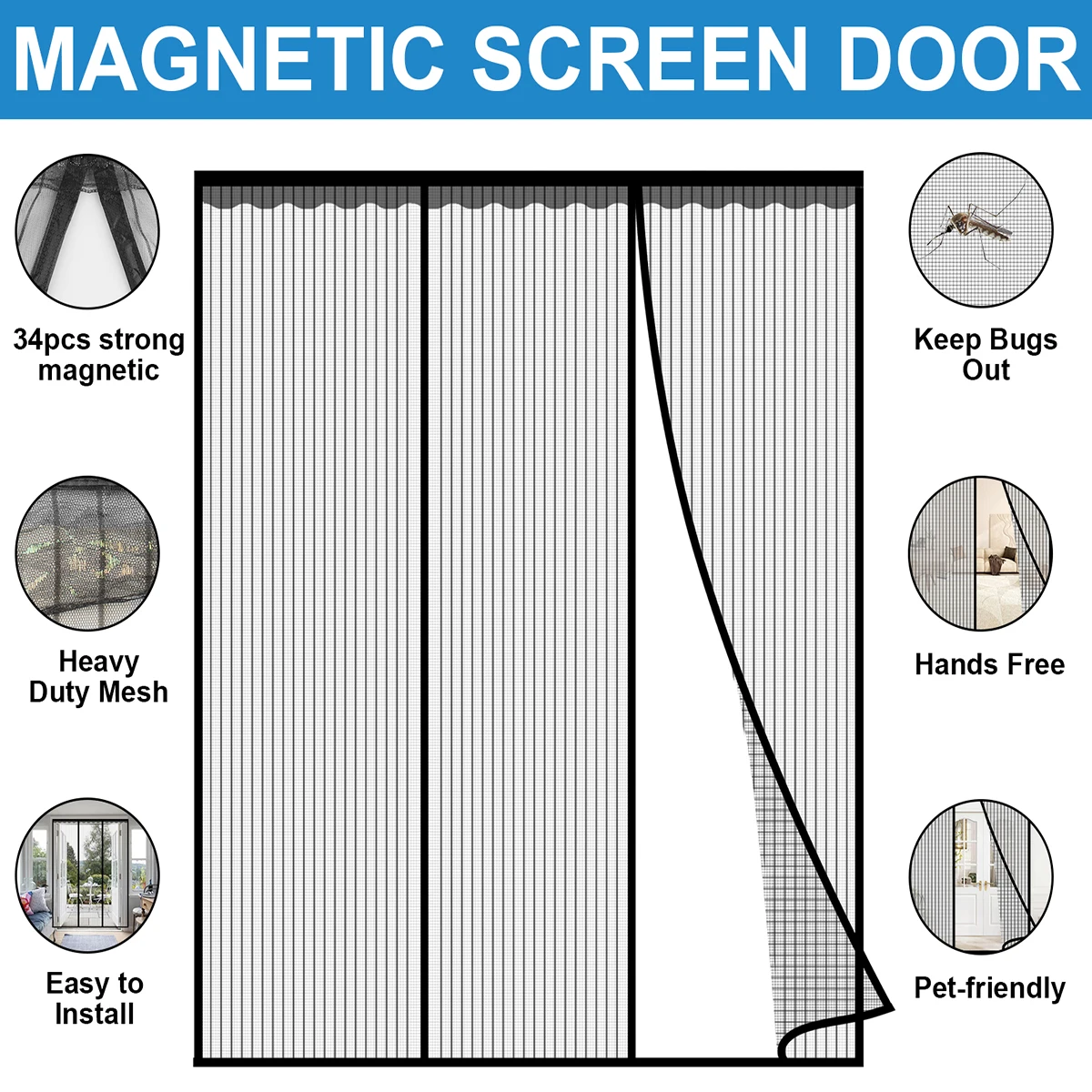 Magnetic Screen Door, Double Door Shield Magnetic Closure for Garage Doors, Sliding Doors, Large Patio Doors - Black