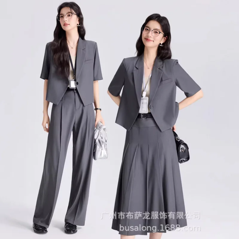 2026Gray short blazer for petite women, college student professional attire, women's interview suit, formal suit
