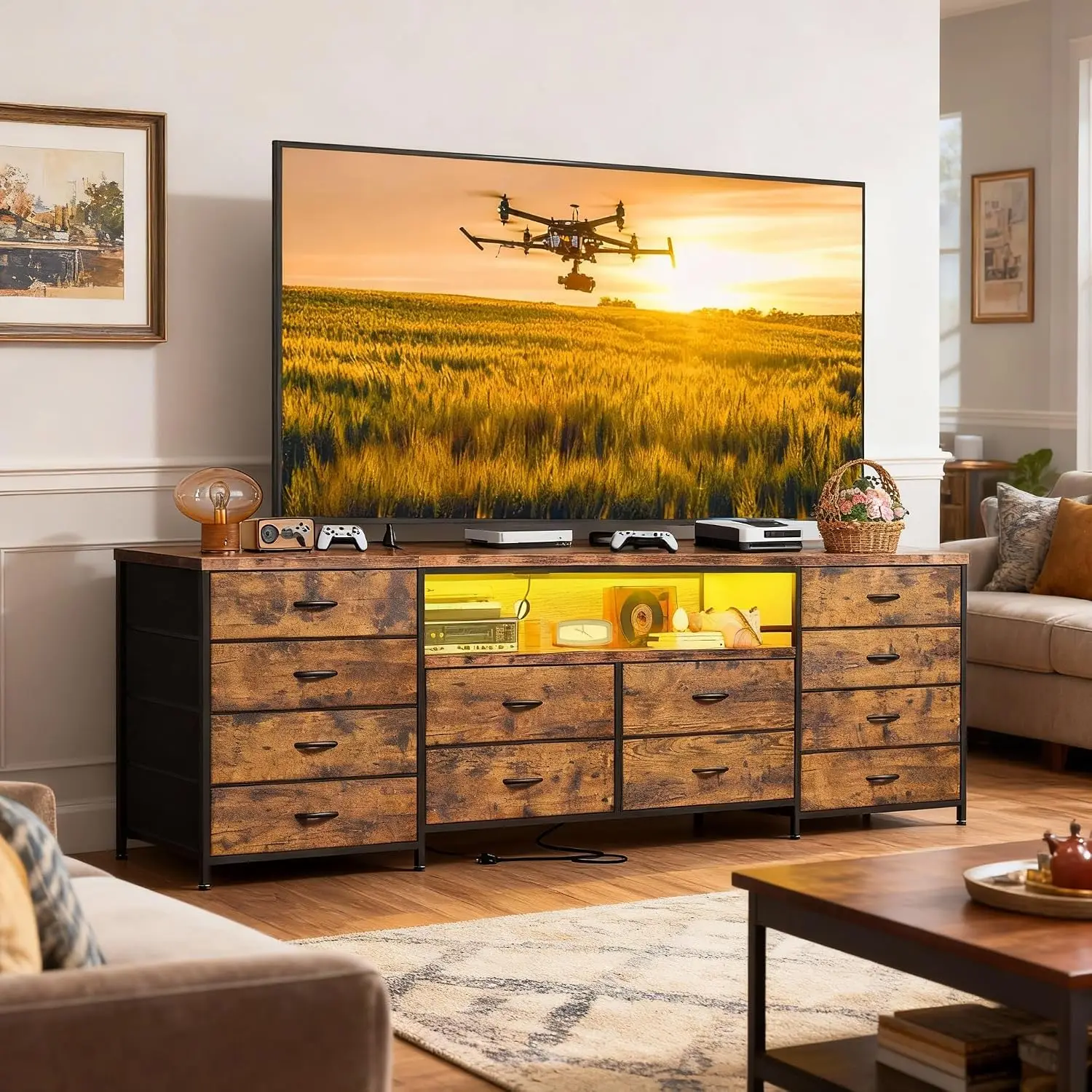 12 Drawer Dresser TV Stand with LED Lights & Power Outlets, Fabric Storage with Wood Shelves for Bedroom Living Room, Brown, Cus