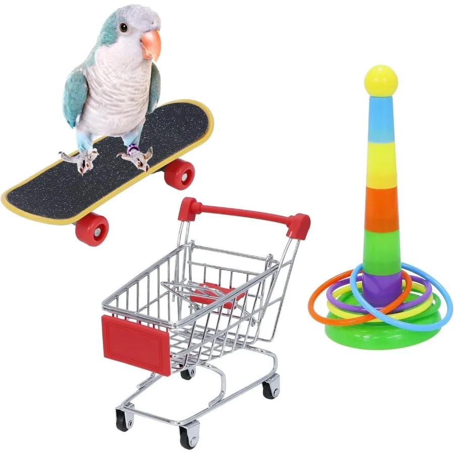 Juguetes para pájaros, Mini carrito de compras, monopatín, anillo de juguete para jugar y hacer entrenar periquitos, cacatúas, Caique Quaker, loro Conures 3