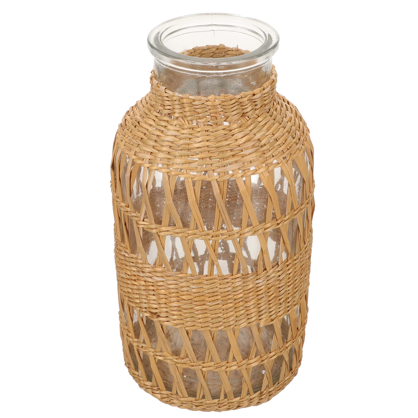 

Rattan Woven Flower Rustic Glass Vase For Home Office Decor Desktop Arrangement Vase Decorative Plant Container