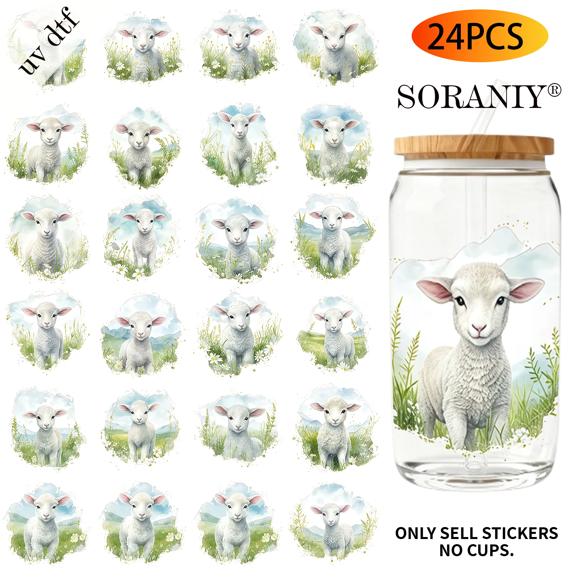 UV DTF Cup Stickers - 24Pcs/Set Watercolor Meadow Lamb Waterproof 16Oz Glass Jar DIY Transfer Decal, High Viscosity Easy Use For