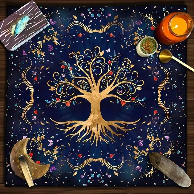 Tarot Altar Cloth Dark Blue Gold Foil Tree of Life Runes Nordic Witchcraft Divination Mat for Wicca Spiritual Ritual Home Decor