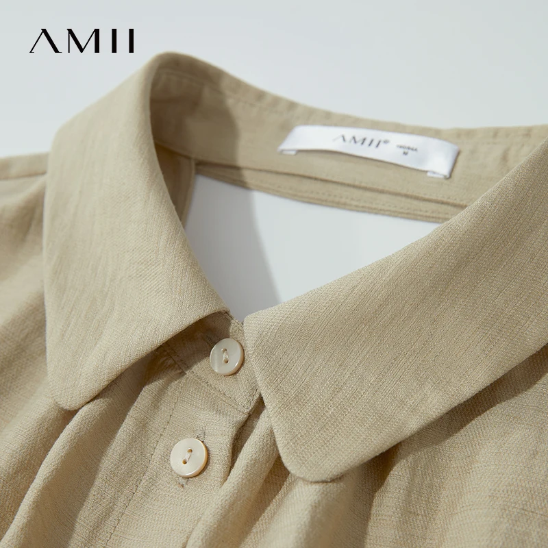 AMII Khaki Lose Bequemes Kleid Einfache 2025, Sommer Berufung Leinen Büro Dame Tropfen Schulter Faul Hohl Frauen Kleid 12542188