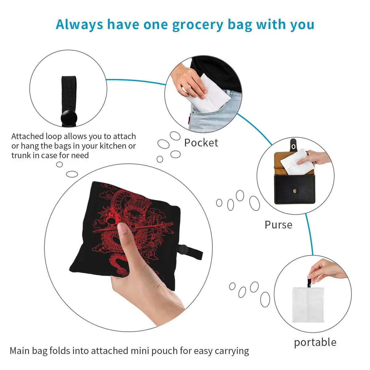 التنين الصيني الأحمر مع خلفية سوداء المحمولة حمل أكياس التسوق سعة كبيرة حقيبة المتسوق حقيبة يد البقالة حقيبة الكتف