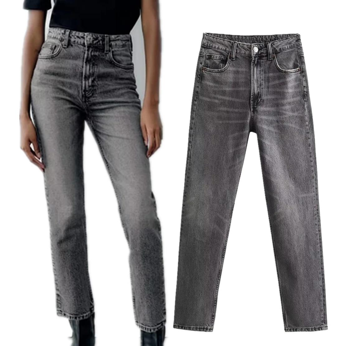 Withered Vintage Mommy Jeans Washed Old Straight Leg Jeans Women High Street Casual Denim Pants