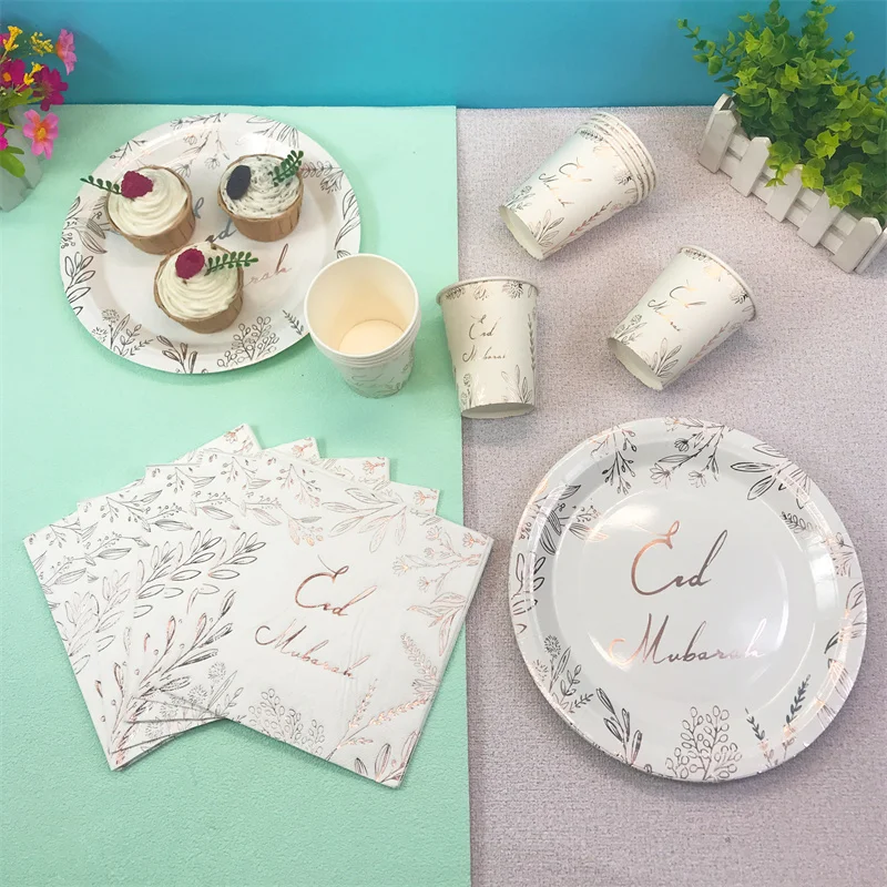 Roségold Eid Mubarak Einweg-Pappteller, Becher, Servietten, Ramadan Kareem Deko für Zuhause 2026, Islamische Muslimische Party Ramadan-Zubehör