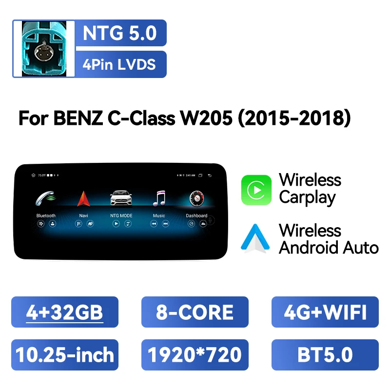 Draadloze CarPlay Android Auto autoradio voor Benz C V Klasse W204 W205 W446 W639 GLC X253 2015-2018 6+128GB GPS Navigatie
