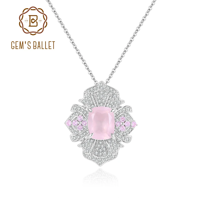 

GEM'S BALLET Flower Necklace Natural Rose Quartz Statement Pendant Necklace in 925 Sterling Silver Luxury Bridal Jewelry