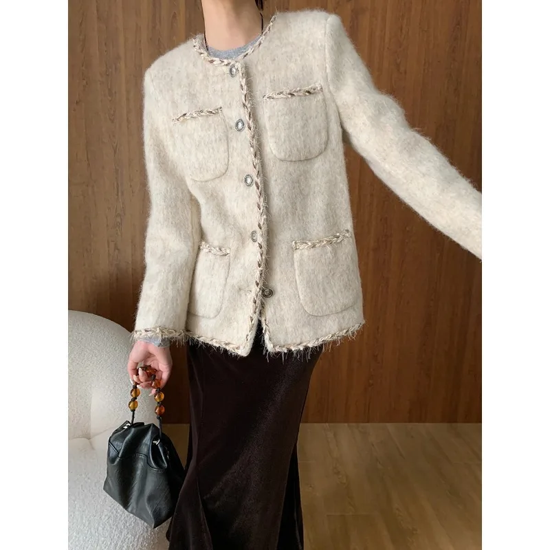 

Wool Tweed Jacket White 2024 Autumn New Warm Women Coat