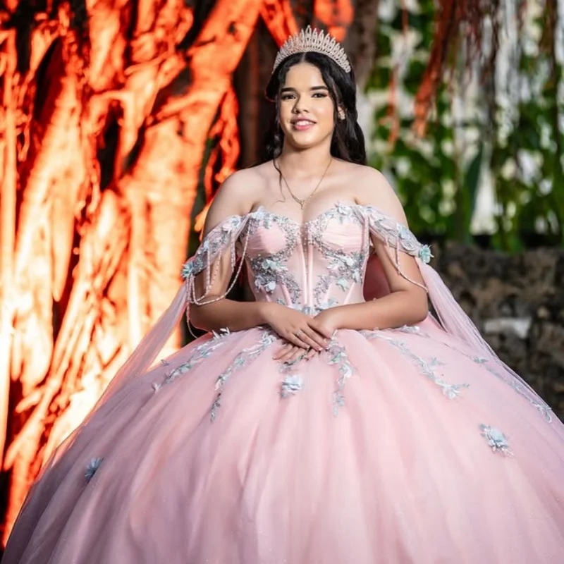 Vestido rosa para quinceañeras con hombros descubiertos, encaje con cuentas, purpurina, calcomanía de flores 3D, vestidos con lazo de 15 quinceañeras ﻿ Personalizado