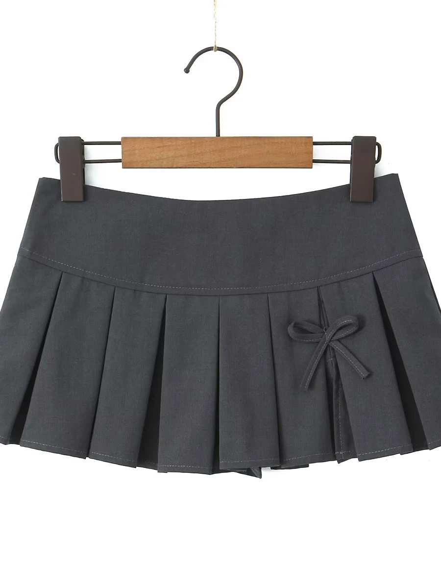 Sexy Short Skirt Street Style Anti-Light Low Waist Pleated  Knot Slit Pure Color Desire Women's Autumn Fashion Skirts