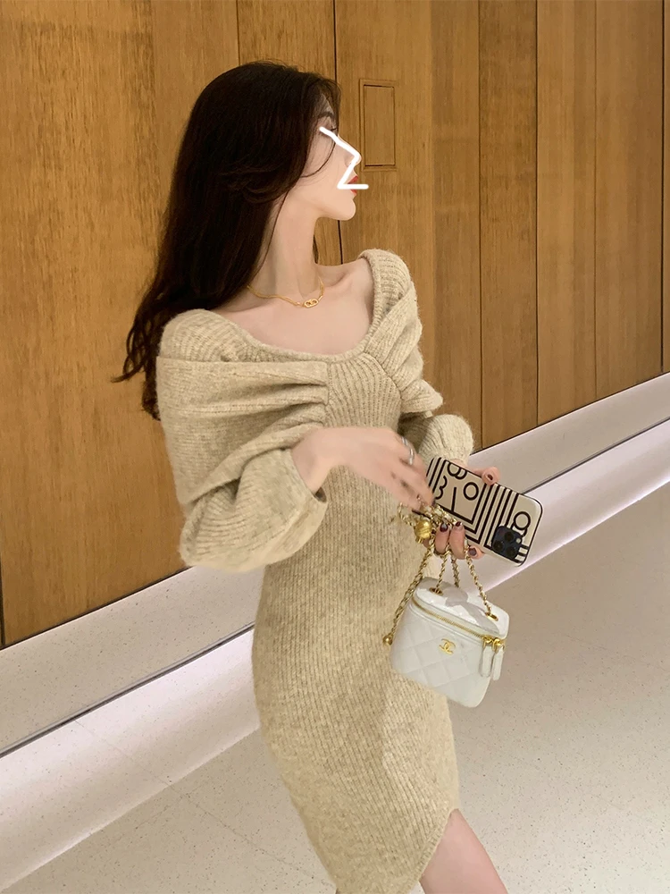 Ele Gebreide Dr Dames Bodycon Rok Met Hoge Taille Herfst Winter Faion Afslanken Lange Sve V-Ne Pendelen Sle