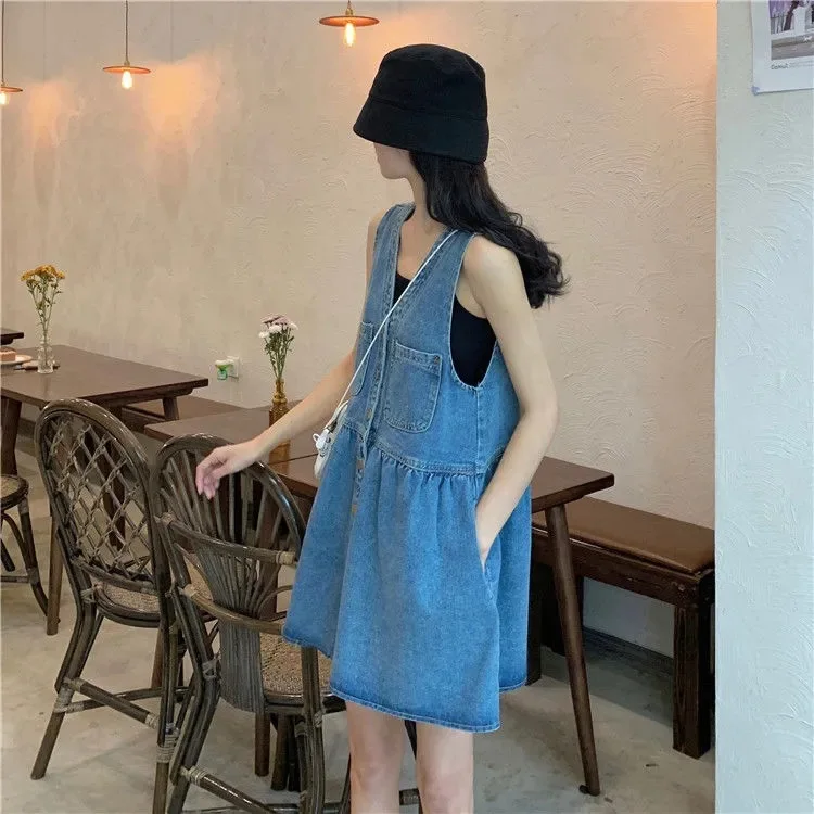 Suspender Dress Women Denim Short Dresses A Line Vestidos Single Breasted V Neck Sleeveless Elegant High Street Beach Summer - view 4