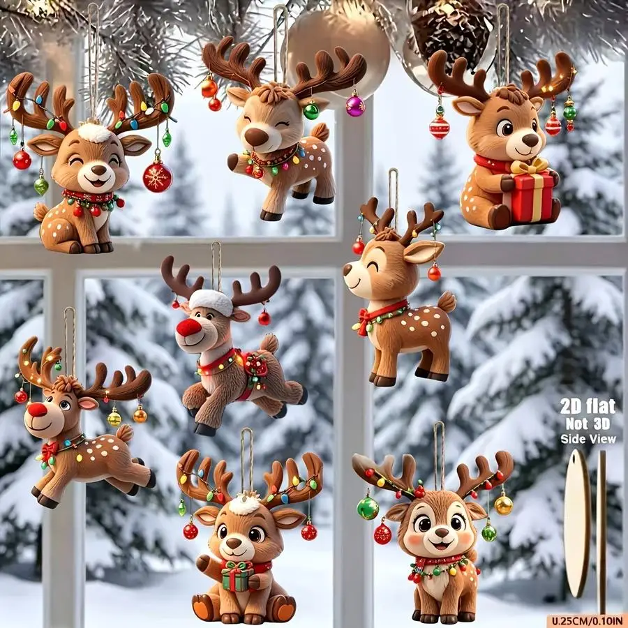 1/5/10/20/50/100pcs 2D Design, 8-Piece Set of Cute Deer Ornaments, 8-Piece Set of Small, Cute Handcrafted Wooden Ornaments with