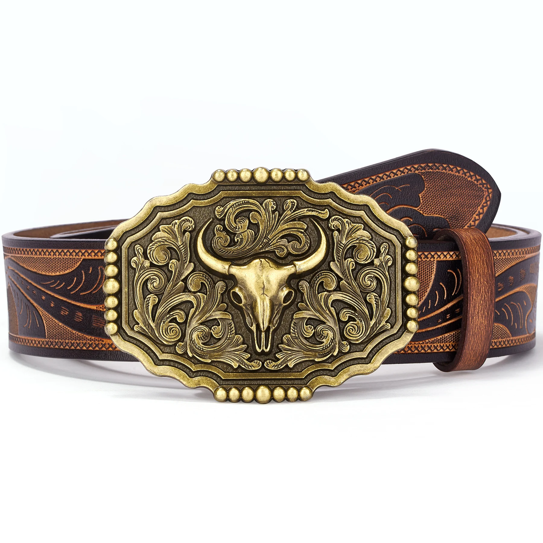 

BISON DENIM Cowhide Men Belt Genuine Leather Vintage Embossed Waist Straps Western Cowboy Retro High Quality Alloy Buckle Belt