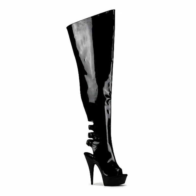 Tacchi alti Ultra-alti da 15 cm e stivali lunghi sexy da donna sexy stivali al ginocchio moda morbida pelle PU scarpe da ballo alte fino alla coscia