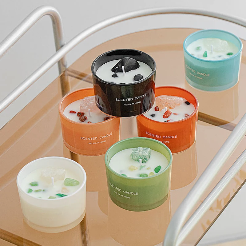 

Natural Spar Aromatherapy Candle Crystal Stone Candle Gift Box Glass Cup Soy Wax Essential Oil Fragrance Candles Home Decoration