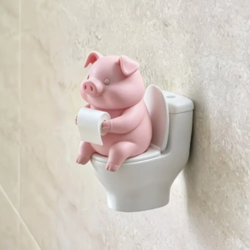 Bathroom Statue 3D Printed Pig Figurine Plastic Cartoon Pig Sitting on Toilet Wall Mounted Toilet Pig Decoration Car Decor