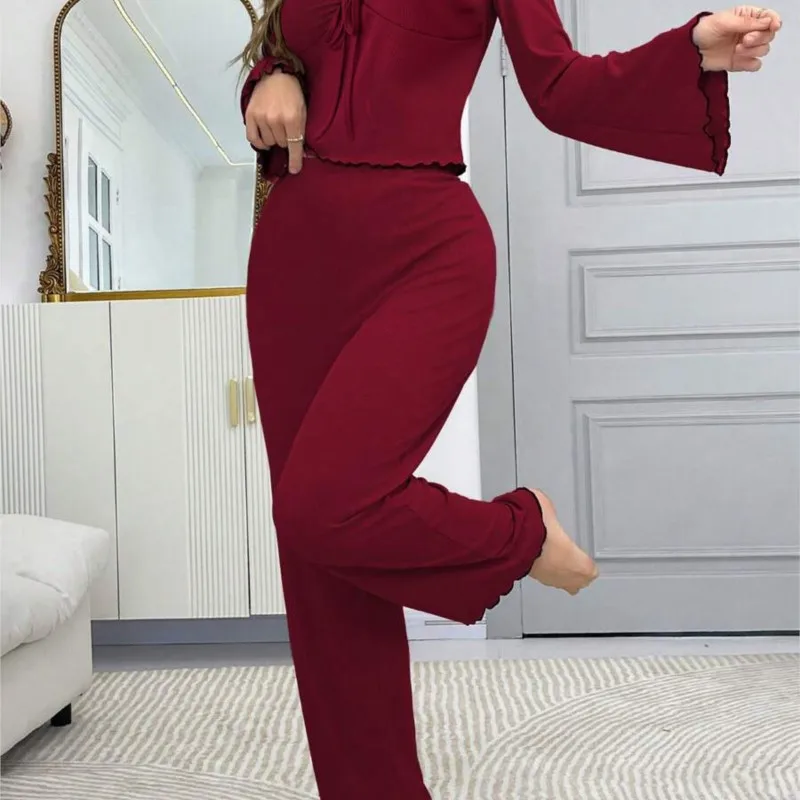 

Autumn 2025 New Long-sleeve Long-pants Pajama Set, Solid Color Casual Women's Sleepwear Home Clothes Two-piece Set