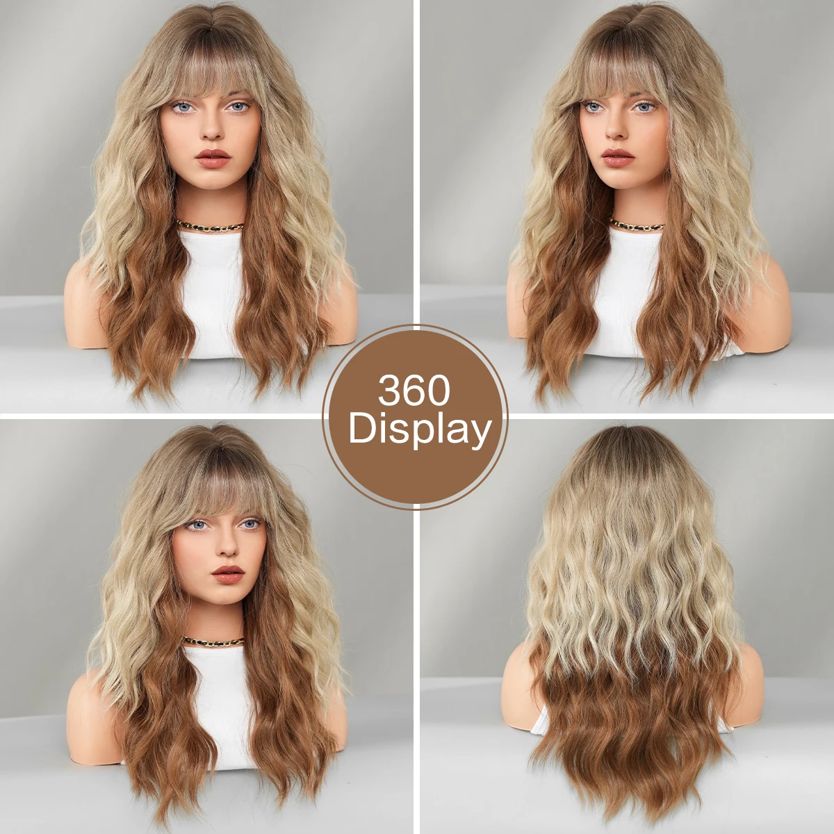 Long Water Wave Blonde Ombre Copper Wig for Women Synthetic Heat-Resistant Modest Fashion Wear and Go Wigs with Dark Roots - view 5