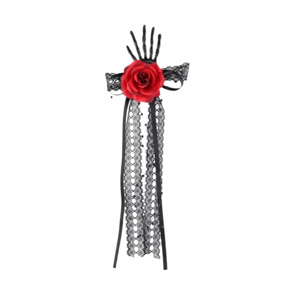 Long Ribbon Skeleton Hand Hair Clip Rose Lace Edge Spooky Bone Side Clip Dark Style Gothic Style Ghost Hand Hair Accessories
