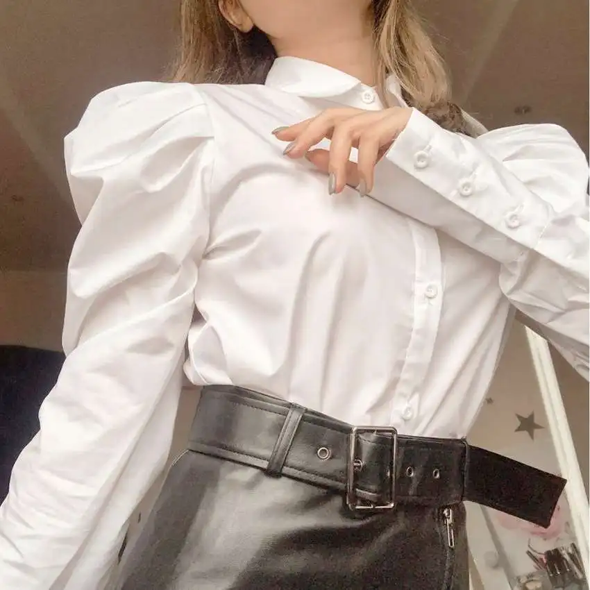 새로운 초가을 흰색 셔츠 여성 디자인 감각 퍼프 SV 순수 컬러 긴 소매 면 00% 플립 칼라 버블 슬리브 셔츠