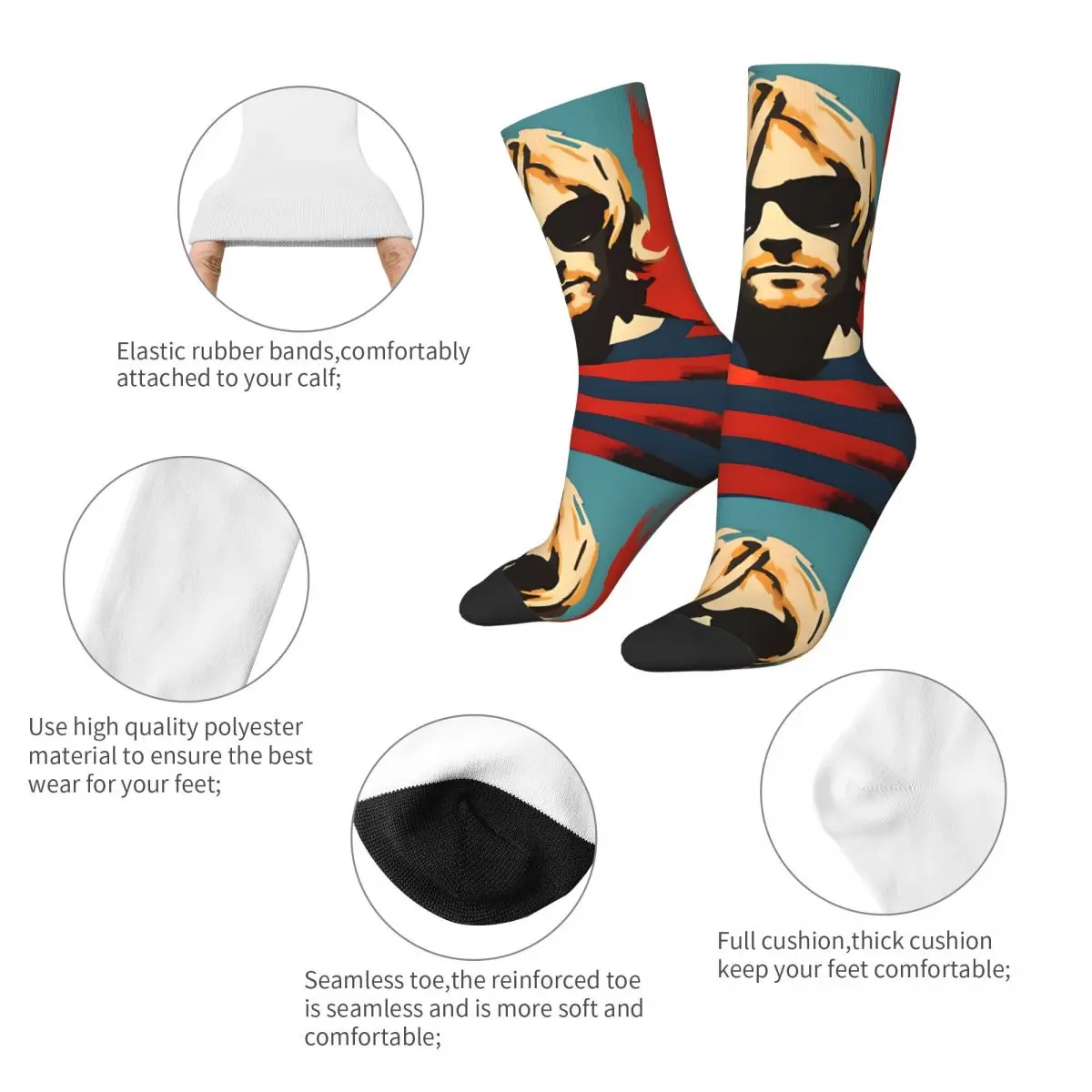 Chaussettes rétro Harajuku pour hommes, chaussettes sans couture pour chanteur K-Kurt, impression de portrait heureux drôle, nouveauté Hip Hop, cadeau