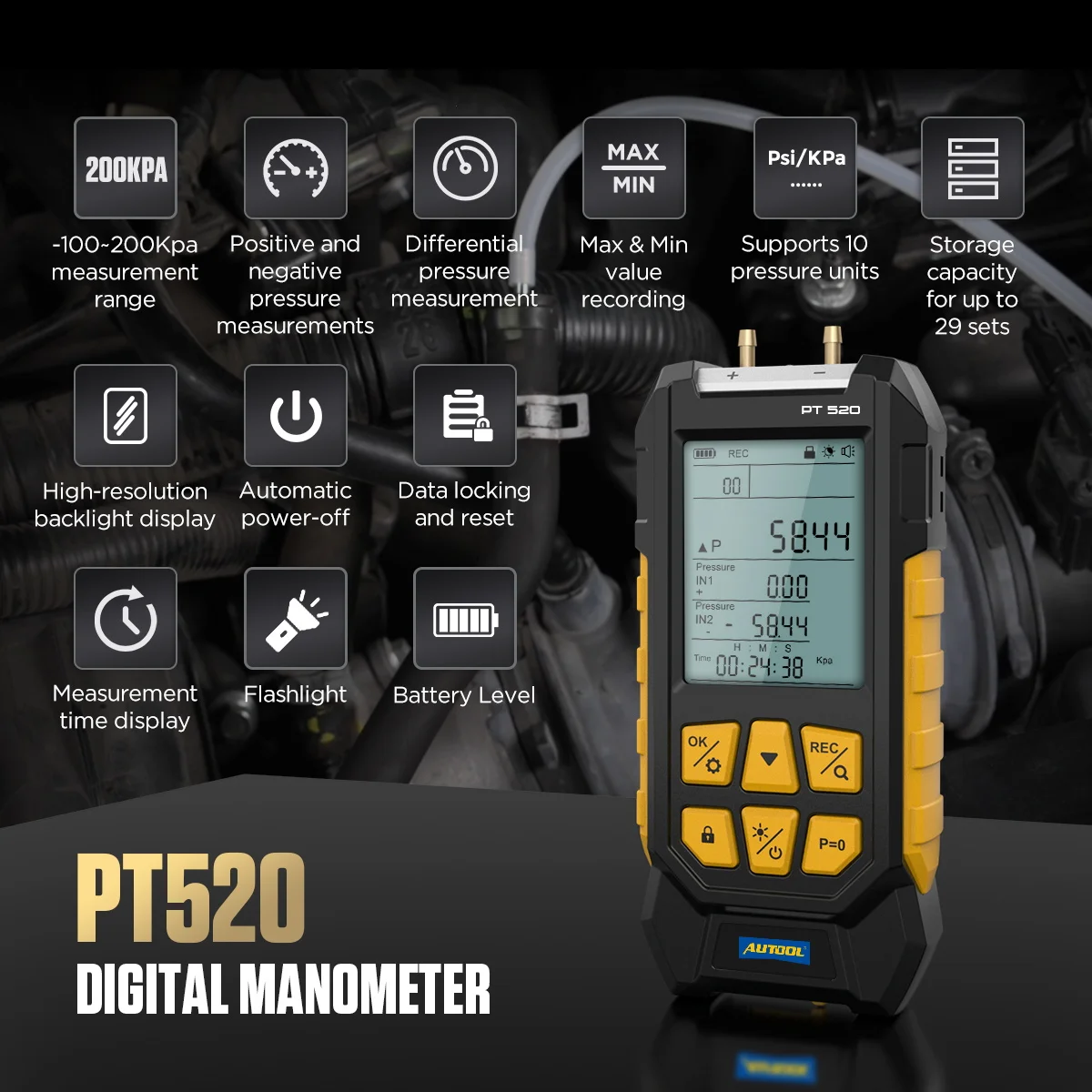 AUTOOL PT520 Digital Manometer Differential Manometer Air Pressure Meter HVAC Gas Pressure Tester Diagnostic Tool for cars