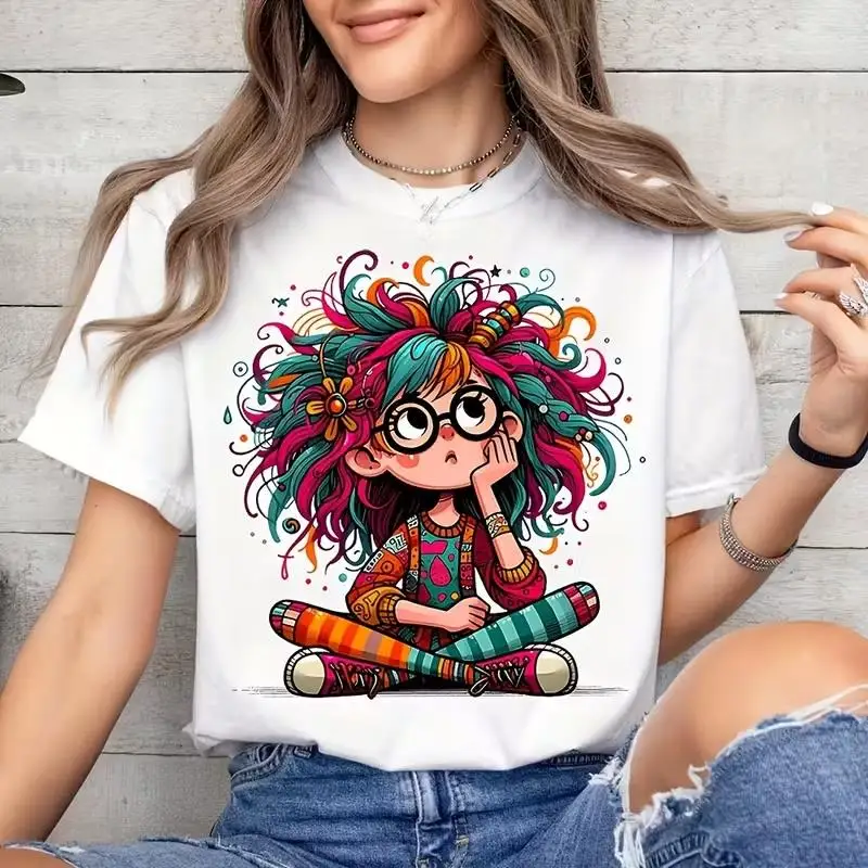 New Women's T‑shirt Colorful Hippie Cartoon Girl Art Print Short Sleeve Crew Neck Summer Casual Daily Tops Women Clothing