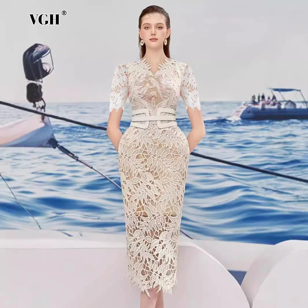 

VGH Solid Hollow Out Women Dresses V Neck Short Sleeve High Waist Spliced Belt Elegant Celebration Midi Dress Female Clothes New