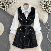 Goddess Fan Mingyuan temperament medium long single breasted coarse floral vest jacket two-piece loose white shirt autumn