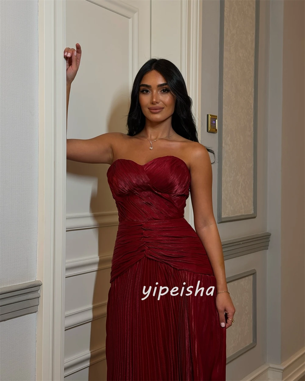 Personalizado de alta qualidade simples ruched plissado em linha reta sem alças vestidos longos vestidos de noite combinando tamanhos disponíveis moda